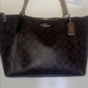 Coach Dark Brown Signature Tote with Gold Chain Handles